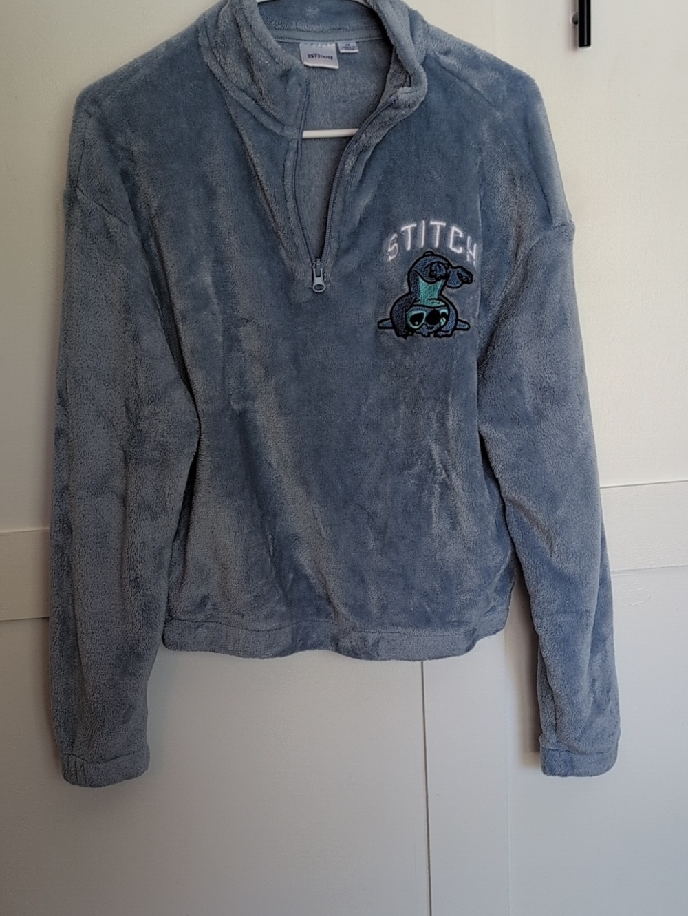 Stitch Embroidered Plush Half-Zip Sweater - Dusty Blue